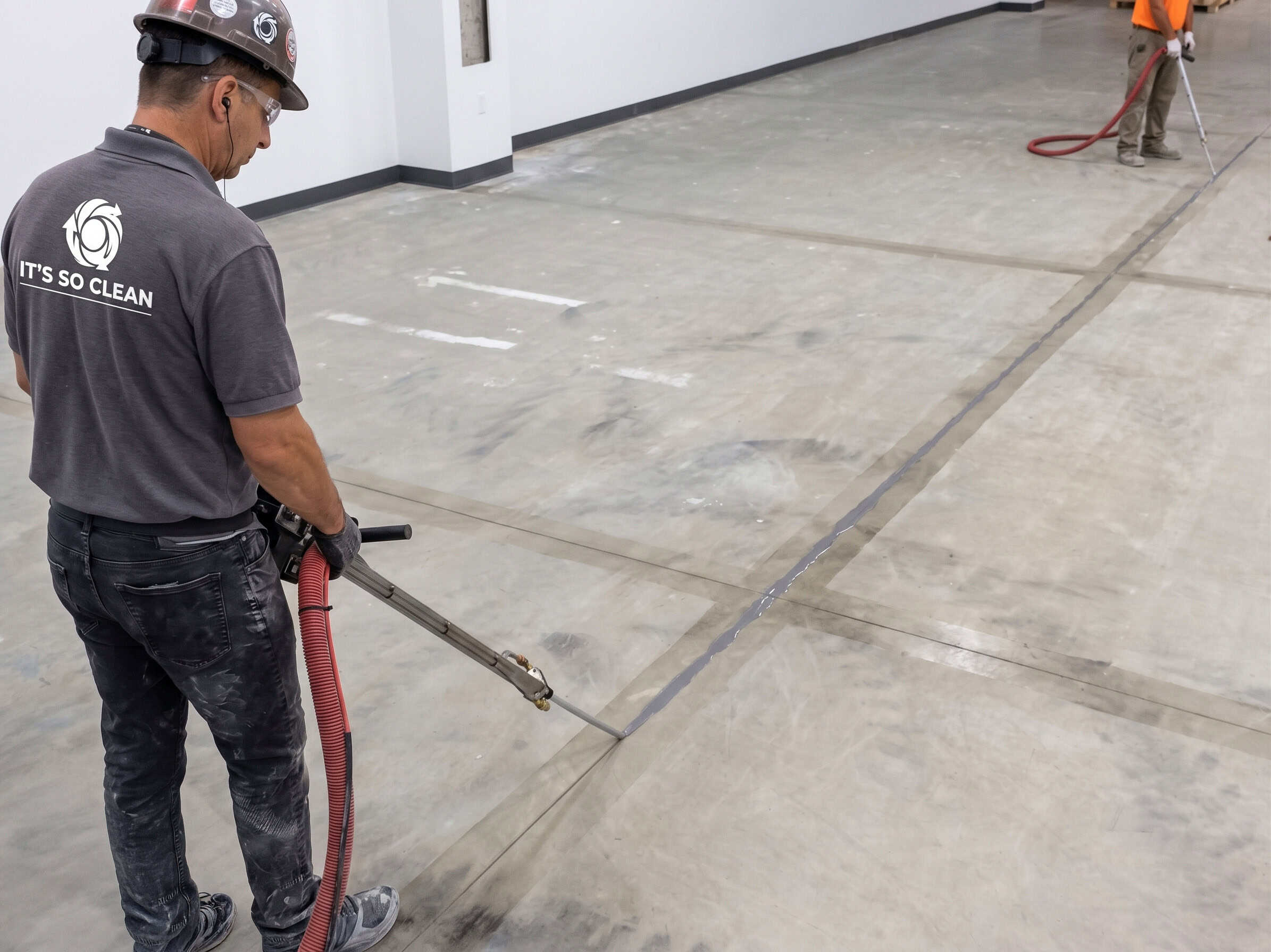 An IT'S SO CLEAN technician cleaning out a control joint before filling it on a warehouse floor