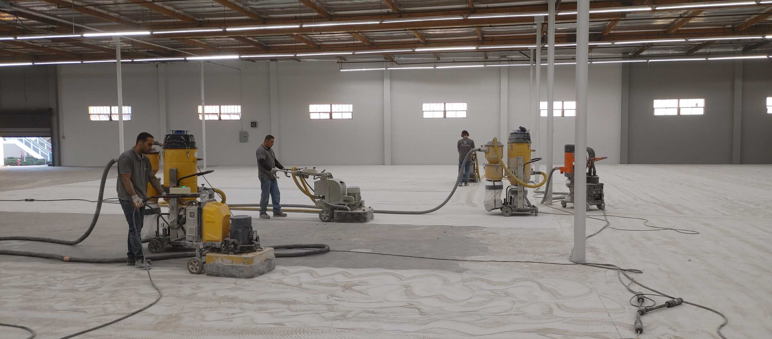 Commercial concrete floor part-way through the polishing process