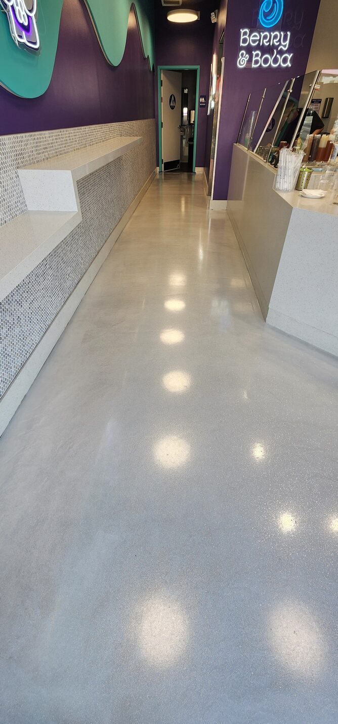 Pale cream metallic epoxy in the customer area