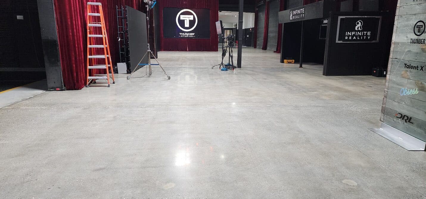 Completed lobby floor beside the stage curtains, Thunder Studios Long Beach (9 of 9)