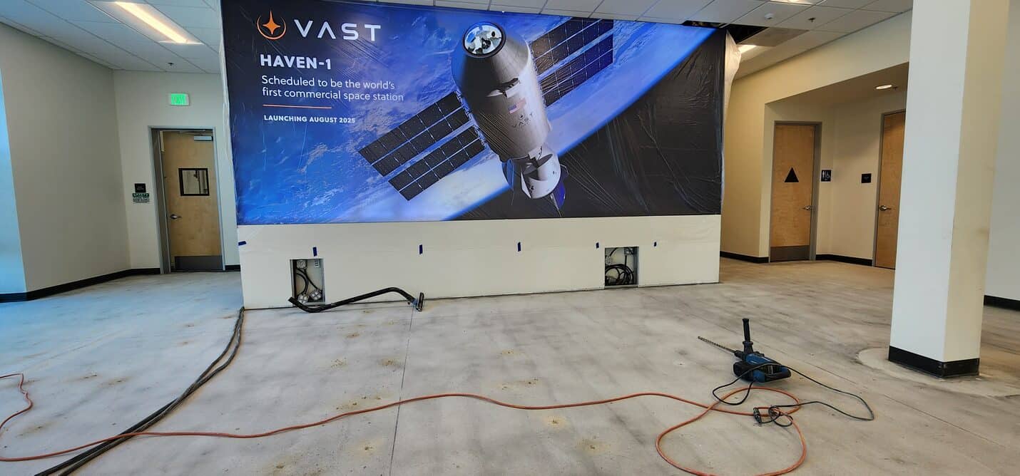 Slab preparation beneath the mission graphics wall, VAST Aerospace Long Beach (3 of 10)